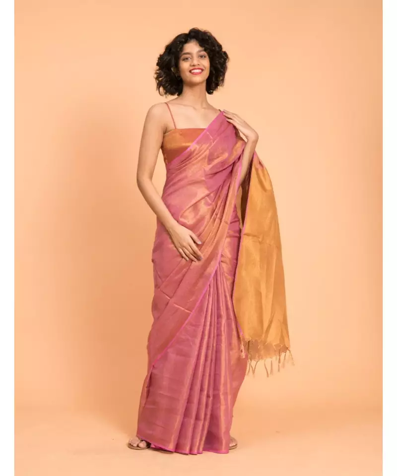 Suta Pink & Gold-Toned Zari Pure Linen Saree