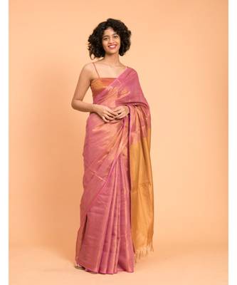 Suta Pink & Gold-Toned Zari Pure Linen Saree 3