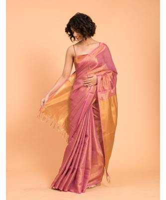 Suta Pink & Gold-Toned Zari Pure Linen Saree 4