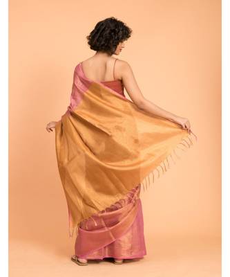 Suta Pink & Gold-Toned Zari Pure Linen Saree 5