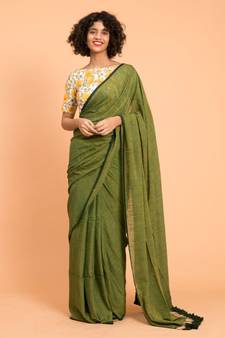 Suta Women Olive Green Mul Viscose Solid Saree