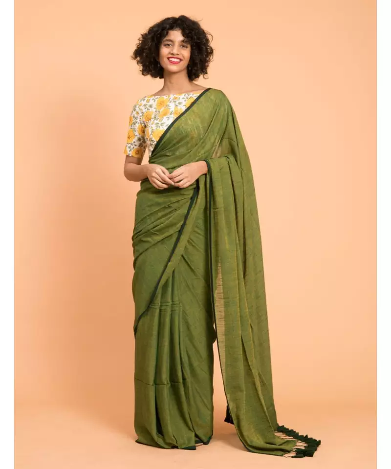 Suta Women Olive Green Mul Viscose Solid Saree