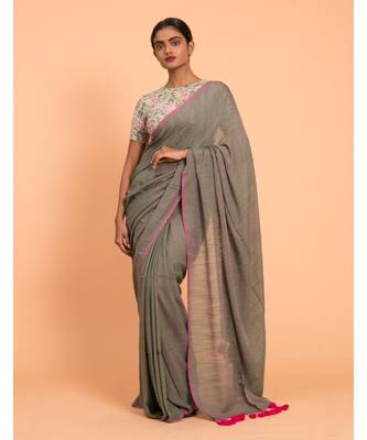 Grey & pink tassels Solid Viscose Saree 1