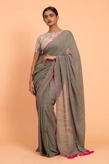 Grey & pink tassels Solid Viscose Saree