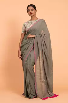 Grey & pink tassels Solid Viscose Saree