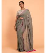 Grey & pink tassels Solid Viscose Saree