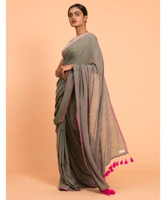 Grey & pink tassels Solid Viscose Saree 3