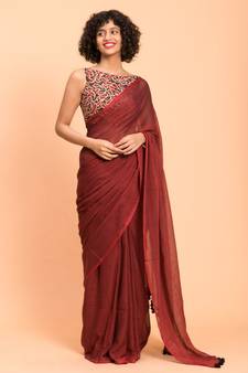 Maroon Solid pure Cotton Blend Saree