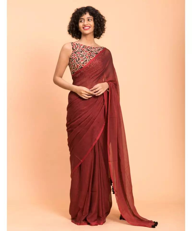 Maroon Solid pure Cotton Blend Saree