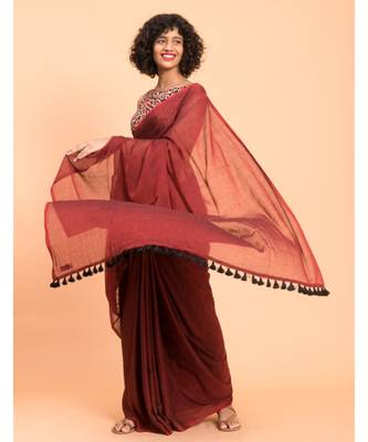 Maroon Solid pure Cotton Blend Saree 3