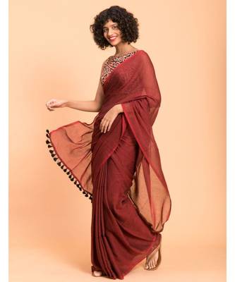 Maroon Solid pure Cotton Blend Saree 4