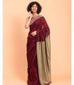 Suta Women Maroon Colorblocked Cotton Blend Saree