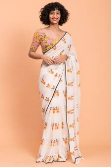 White & Yellow printed Pure Cotton Saree