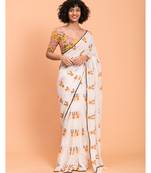 White & Yellow printed Pure Cotton Saree