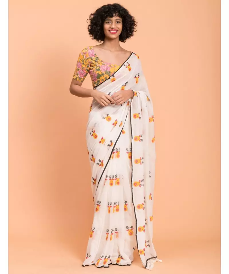 White & Yellow printed Pure Cotton Saree