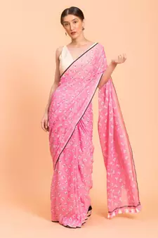 Suta Pink & White Printed Pure Cotton Saree