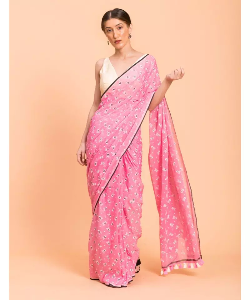 Suta Pink & White Printed Pure Cotton Saree