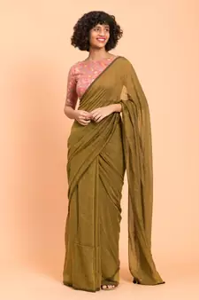 Suta Women Olive Green  Black Pure Cotton solid Saree