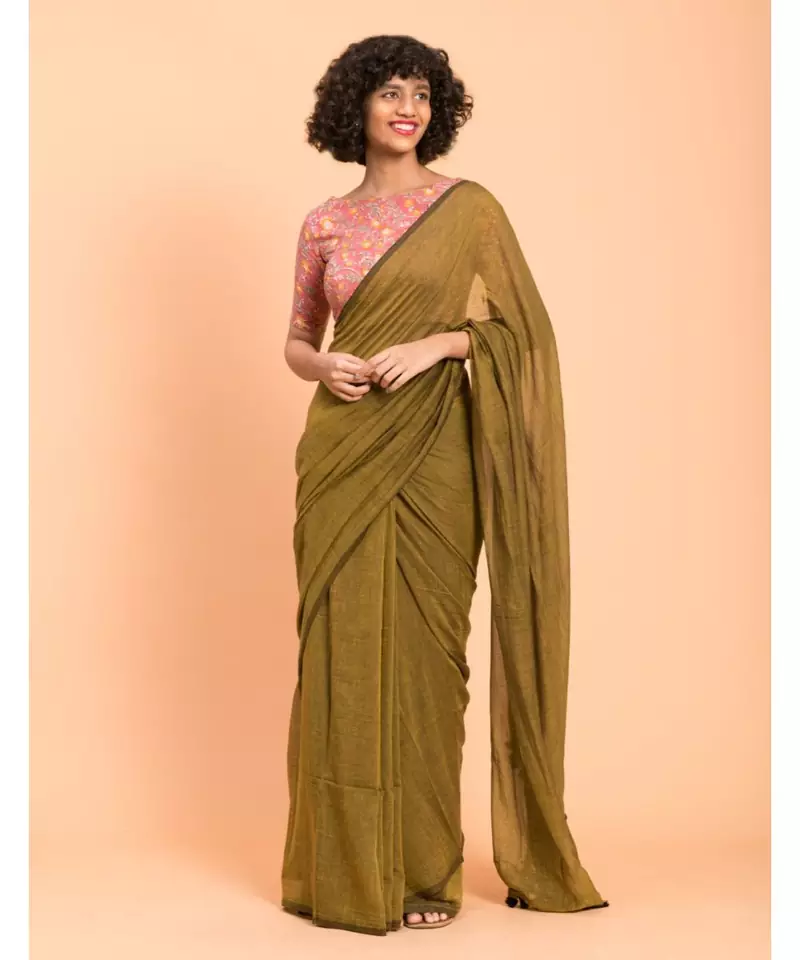 Suta Women Olive Green  Black Pure Cotton solid Saree