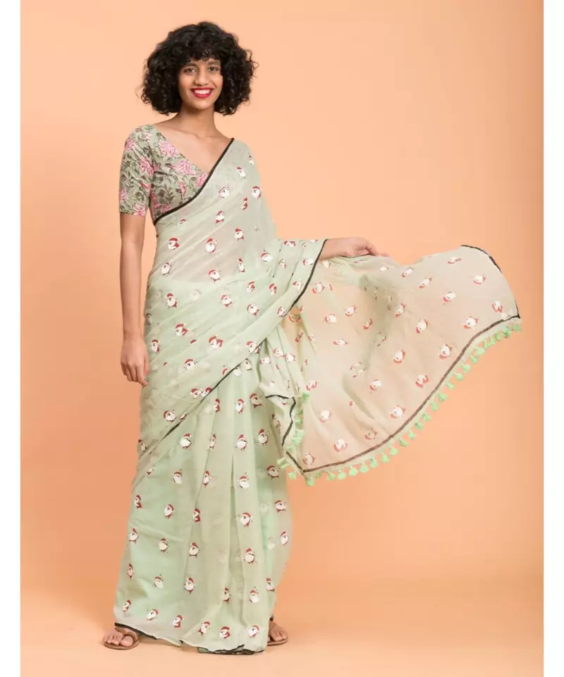 Suta Green Red Santa Clause Printed Pure Cotton Saree