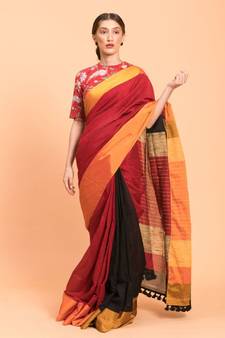 Suta Maroon ,Black & beige Colourblocked stripes Saree