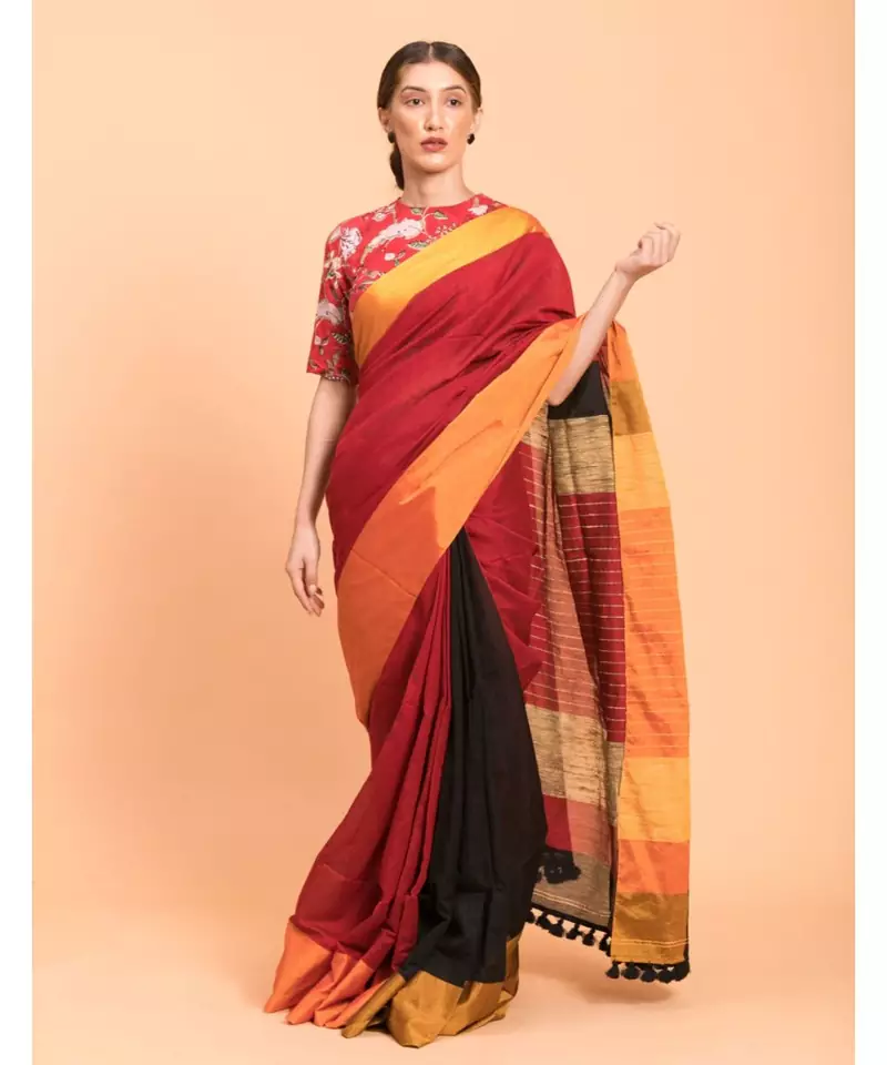 Suta Maroon ,Black & beige Colourblocked stripes Saree