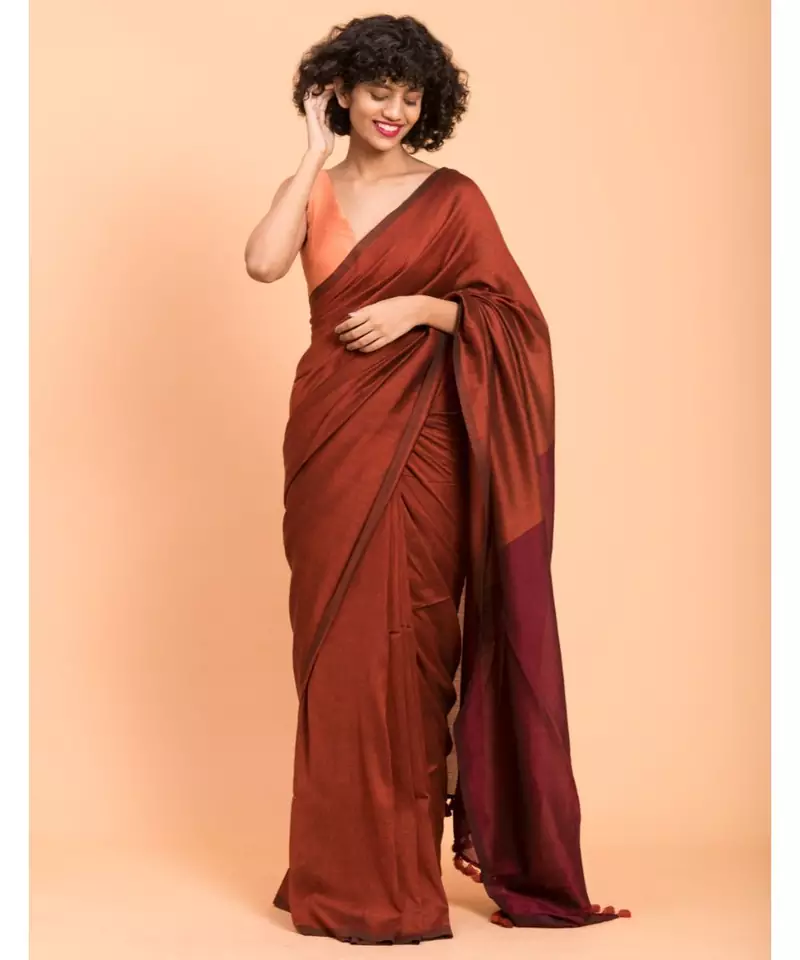 Suta Maroon  Brown Pure Cotton colorblocked Saree