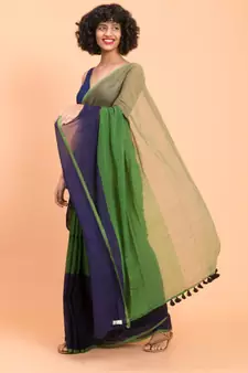 Suta Blue & Green Colourblocked Pure Cotton Saree