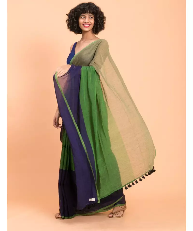 Suta Blue & Green Colourblocked Pure Cotton Saree