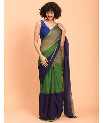 Suta Blue & Green Colourblocked Pure Cotton Saree 3