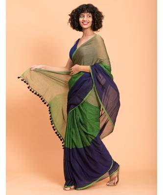 Suta Blue & Green Colourblocked Pure Cotton Saree 4