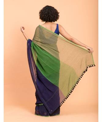 Suta Blue & Green Colourblocked Pure Cotton Saree 5