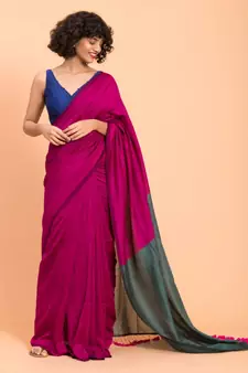Suta Women Pink & Teal cotton Colourblocked Saree