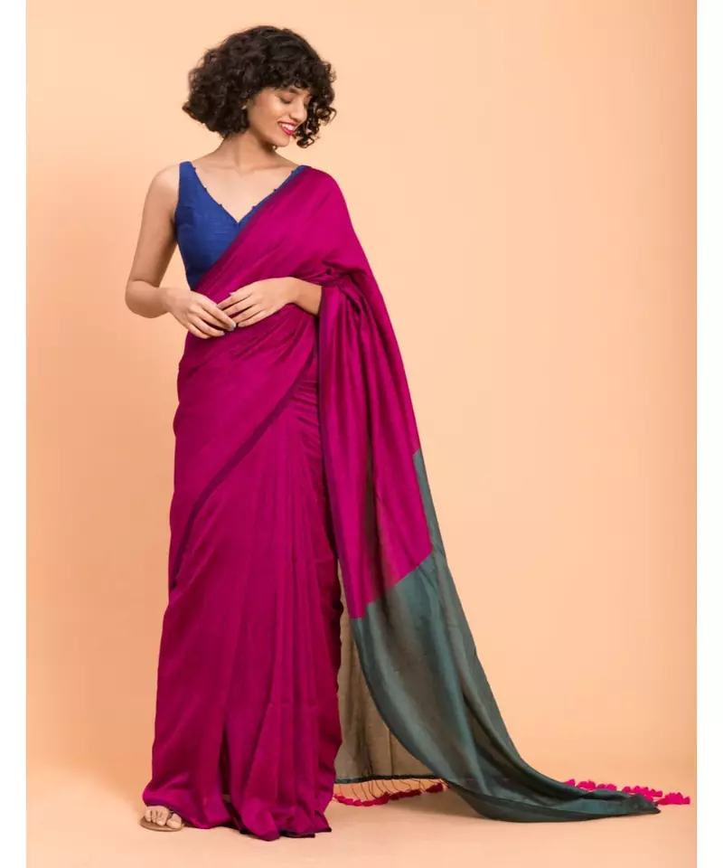 Suta Women Pink & Teal cotton Colourblocked Saree