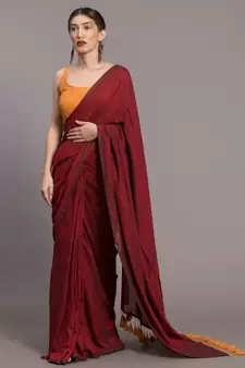 Maroon and Yellow tassles Mul Viscose solid Saree