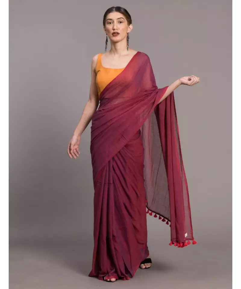 Magenta with red tassles Solid Pure Cotton Saree