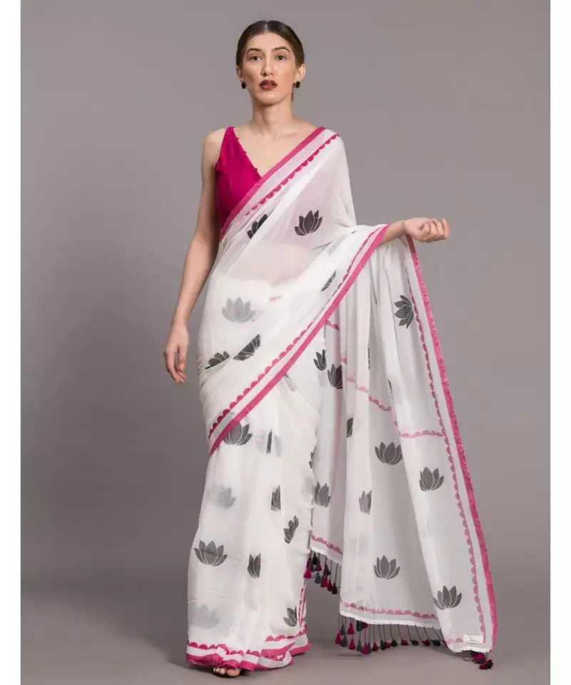 Suta White Black Floral Printed Pure Cotton Saree