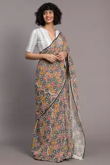 Suta White Grey Floral printed Pure Cotton Saree