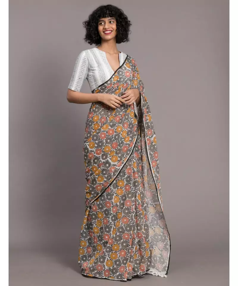 Suta White Grey Floral printed Pure Cotton Saree