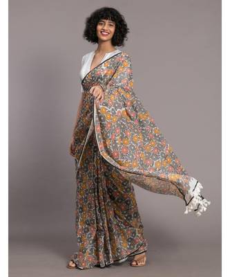 Suta White Grey Floral printed Pure Cotton Saree 2