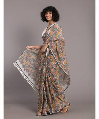Suta White Grey Floral printed Pure Cotton Saree 3