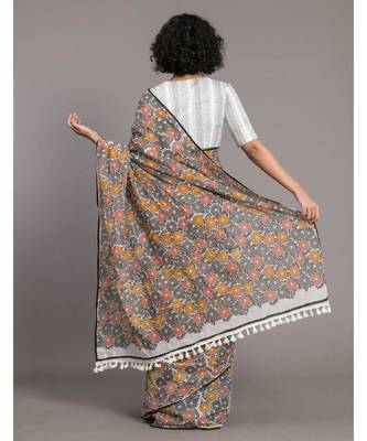 Suta White Grey Floral printed Pure Cotton Saree 4