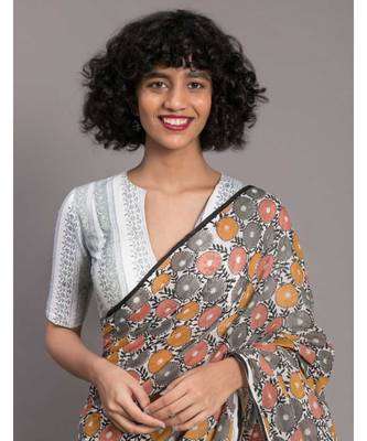Suta White Grey Floral printed Pure Cotton Saree 5