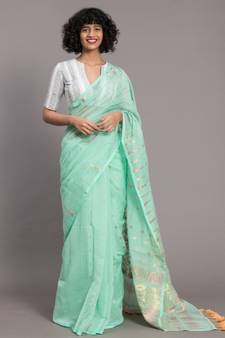 Suta Turquoise Blue  Gold-Toned Ethnic Motifs Jamdani Saree