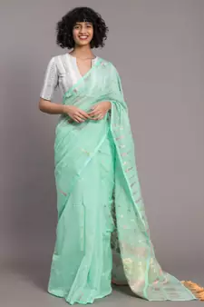 Suta Turquoise Blue  Gold-Toned Ethnic Motifs Jamdani Saree