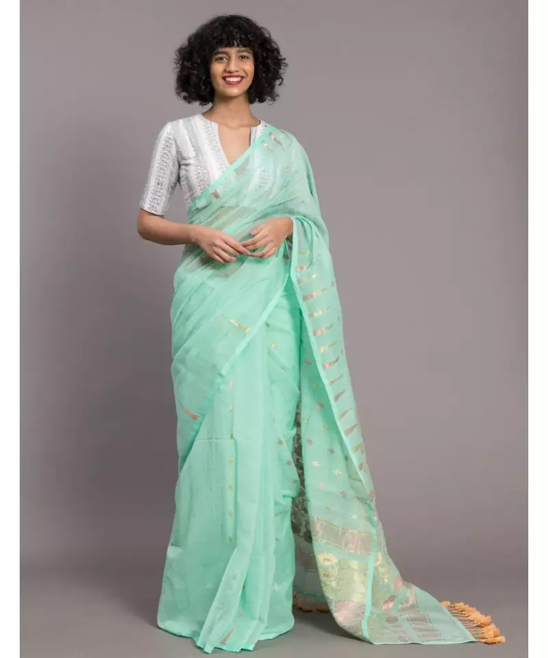 Suta Turquoise Blue  Gold-Toned Ethnic Motifs Jamdani Saree