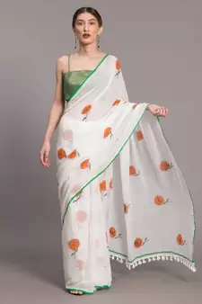 Suta Women White  Orange Floral printed Pure Cotton Saree