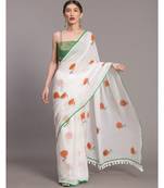 Suta Women White  Orange Floral printed Pure Cotton Saree