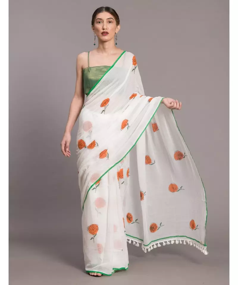Suta Women White  Orange Floral printed Pure Cotton Saree