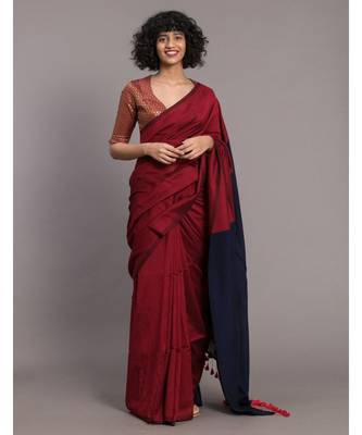 Suta Red & Navy Blue colorblocked Cotton Blend Saree 1